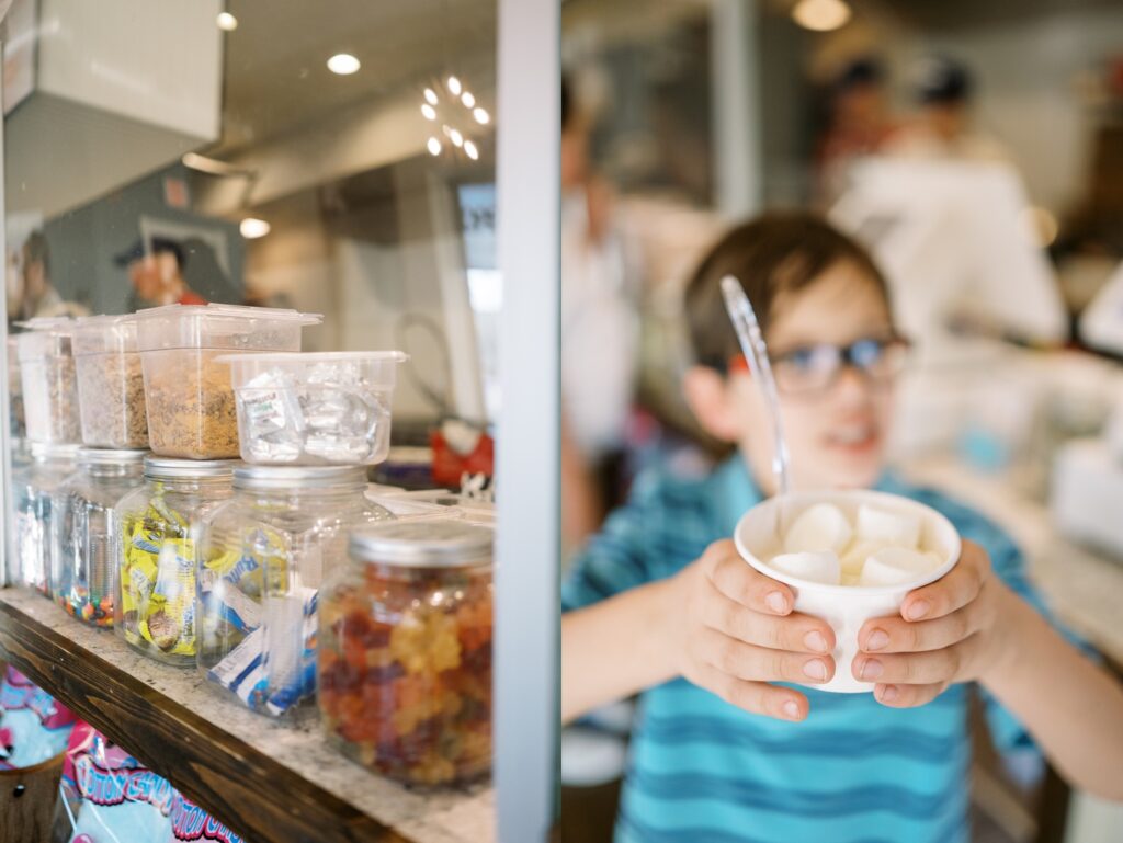 split image of toppings for ice cream and closeup of icecream